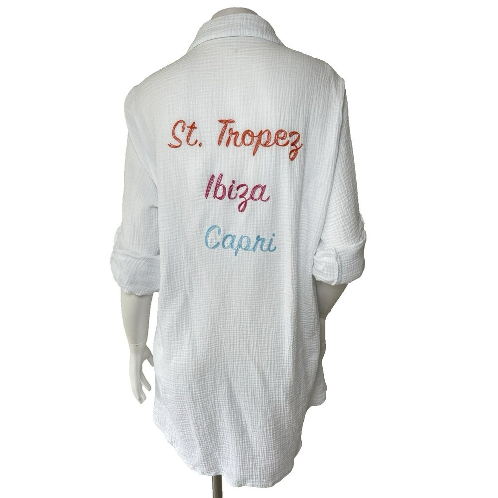 White Gauze Beach Shirt Dress Cover Up XL Embroidered Summer Coastal Vacation